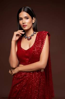Ruby Red Georgette Multiple Sequence Embroidery The Starlite Sarees Vol 1 By Zeel Clothing