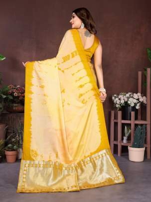 SAHELI New Premium And High Quality Comfortable Original Hand Made Sibori Work Soft Satin Silk Saree With Lagadi Patta Drapes In Yellow