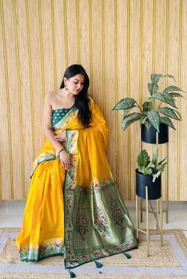 SHABRI Premium Quality Paithani Soft Silk Sarees Weaved With Buttas Pattern All Over Saree With Contrast Concept Must Have Collections In Yellow 