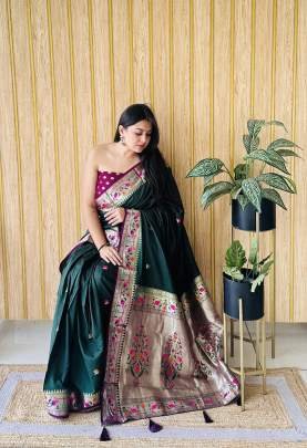 SHABRI  Premium Quality Paithani Soft Silk Sarees Weaved With Buttas Pattern All Over Saree With Contrast Concept Must Have Collections In Green 