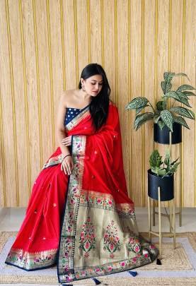 SHABRI Premium Quality Paithani Soft Silk Sarees Weaved With Buttas Pattern All Over Saree With Contrast Concept Must Have Collections In Red