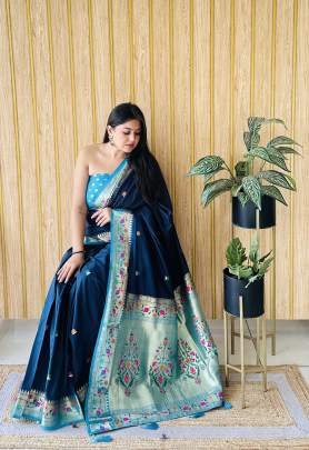 SHABRI Premium Quality Paithani Soft Silk Sarees Weaved With Buttas Pattern All Over Saree With Contrast Concept Must Have Collections In Dark Blue 