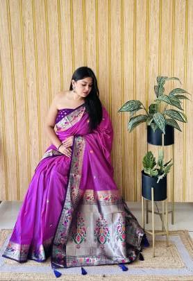 SHABRI Premium Quality Paithani Soft Silk Sarees Weaved With Buttas Pattern All Over Saree With Contrast Concept Must Have Collections In Purple 