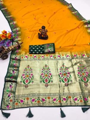 SHABRI Premium Quality Paithani Soft Silk Sarees Weaved With Buttas Pattern All Over Saree With Contrast Concept Must Have Collections In Yellow