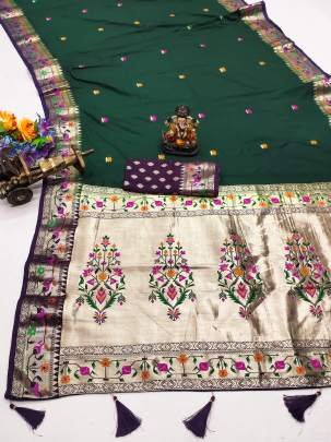 SHABRI  Premium Quality Paithani Soft Silk Sarees Weaved With Buttas Pattern All Over Saree With Contrast Concept Must Have Collections In Green