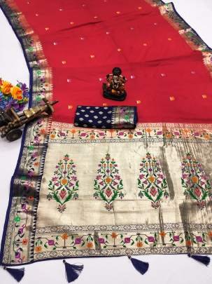 SHABRI Premium Quality Paithani Soft Silk Sarees Weaved With Buttas Pattern All Over Saree With Contrast Concept Must Have Collections In Red