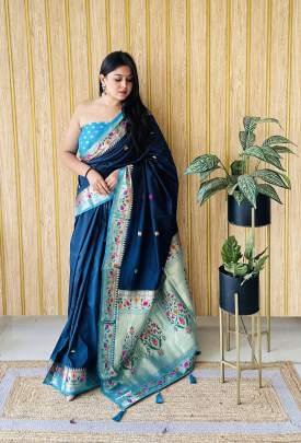 SHABRI Premium Quality Paithani Soft Silk Sarees Weaved With Buttas Pattern All Over Saree With Contrast Concept Must Have Collections In Dark Blue
