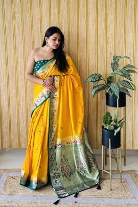 SHABRI Premium Quality Paithani Soft Silk Sarees Weaved With Buttas Pattern All Over Saree With Contrast Concept Must Have Collections In Yellow