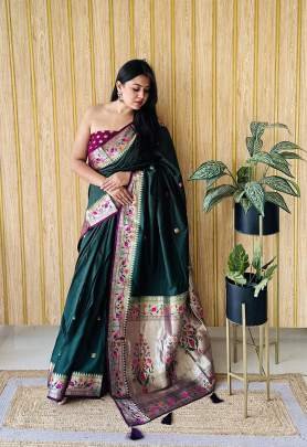 SHABRI  Premium Quality Paithani Soft Silk Sarees Weaved With Buttas Pattern All Over Saree With Contrast Concept Must Have Collections In Green