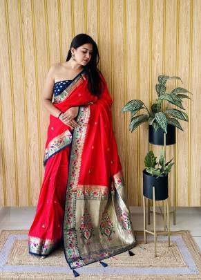 SHABRI Premium Quality Paithani Soft Silk Sarees Weaved With Buttas Pattern All Over Saree With Contrast Concept Must Have Collections In Red
