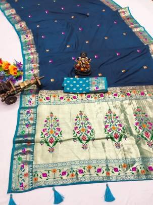 SHABRI Premium Quality Paithani Soft Silk Sarees Weaved With Buttas Pattern All Over Saree With Contrast Concept Must Have Collections In Dark Blue