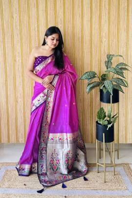 SHABRI Premium Quality Paithani Soft Silk Sarees Weaved With Buttas Pattern All Over Saree With Contrast Concept Must Have Collections In Purple