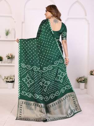 SHWETAKI New Premium And High Quality,Comfortable Original Bandhej Hand Made Premium Soft Satin Silk Drapes In Green