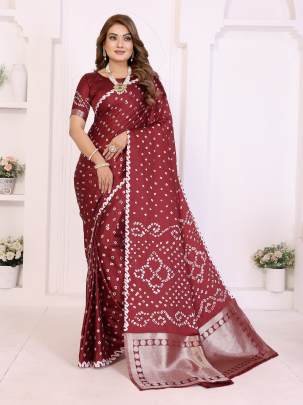 SHWETAKI New Premium And High Quality,Comfortable Original Bandhej Hand Made Premium Soft Satin Silk Drapes In Red 