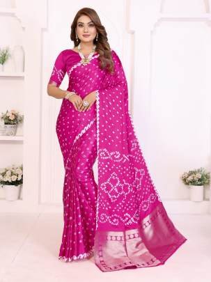 SHWETAKI New Premium And High Quality,Comfortable Original Bandhej Hand Made Premium Soft Satin Silk Drapes In Pink