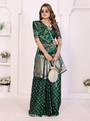 SHWETAKI New Premium And High Quality,Comfortable Original Bandhej Hand Made Premium Soft Satin Silk Drapes In Green