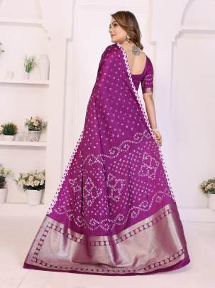 SHWETAKI New Premium And High Quality,Comfortable Original Bandhej Hand Made Premium Soft Satin Silk Drapes In Megenta