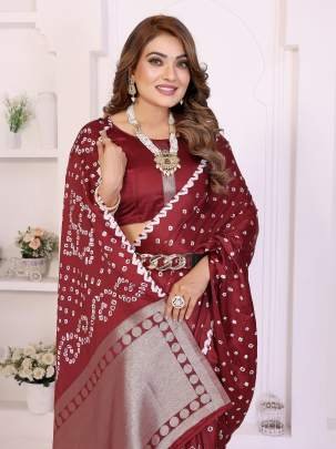 SHWETAKI New Premium And High Quality,Comfortable Original Bandhej Hand Made Premium Soft Satin Silk Drapes In Red