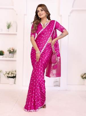 SHWETAKI New Premium And High Quality,Comfortable Original Bandhej Hand Made Premium Soft Satin Silk Drapes In Pink