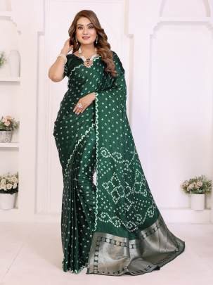 SHWETAKI New Premium And High Quality,Comfortable Original Bandhej Hand Made Premium Soft Satin Silk Drapes In Green