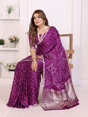 SHWETAKI New Premium And High Quality,Comfortable Original Bandhej Hand Made Premium Soft Satin Silk Drapes In Megenta