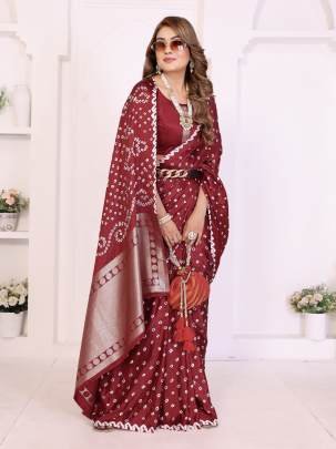 SHWETAKI New Premium And High Quality,Comfortable Original Bandhej Hand Made Premium Soft Satin Silk Drapes In Red