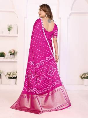 SHWETAKI New Premium And High Quality,Comfortable Original Bandhej Hand Made Premium Soft Satin Silk Drapes In Pink