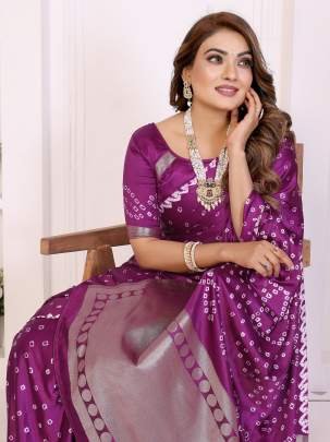 SHWETAKI New Premium And High Quality,Comfortable Original Bandhej Hand Made Premium Soft Satin Silk Drapes In Megenta