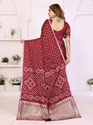 SHWETAKI New Premium And High Quality,Comfortable Original Bandhej Hand Made Premium Soft Satin Silk Drapes In Red