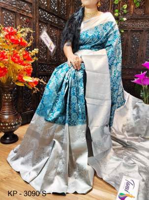 Silver Border Rich Pallu Soft Litchi Silk Sky Saree Catalog KP3090