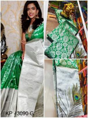 Silver Border Rich Pallu Soft Litchi Silk Green Saree Catalog KP3090