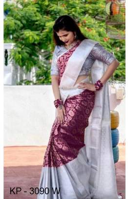 Silver Border Rich Pallu Soft Litchi Silk Wine Saree Catalog KP3090