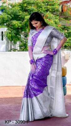 Silver Border Rich Pallu Soft Litchi Silk Purple Saree Catalog KP3090