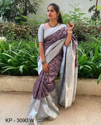 Silver Border Rich Pallu Soft Litchi Silk Wine Saree Catalog KP3090