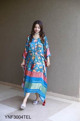 Sky Blue Kaftan Printed On Pure Gaji Silk Using Digital Print YNF3004