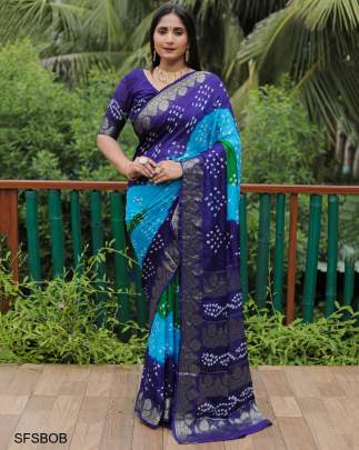 Sky Blue Original Bandhej with Zari Weaving Border With Zari Weaving Rich Pallu