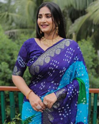 Sky Blue Original Bandhej with Zari Weaving Border With Zari Weaving Rich Pallu
