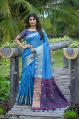 Sky blue Premium chanderi silk saree with unique meena weaves fancy pallu 