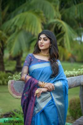 Sky blue Premium chanderi silk saree with unique meena weaves fancy pallu 