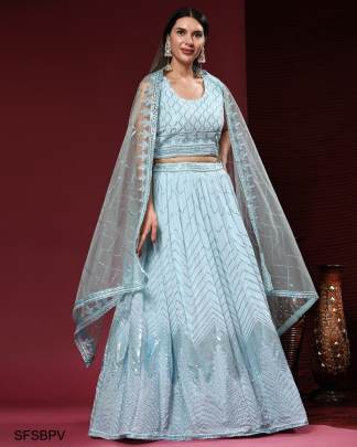 Sky blue Pure Viscose Georgette Fabric Sequin Embridery With Handwork 