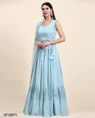 Sky blue Pure Viscose Georgette Fabric Sequin Embridery With Handwork