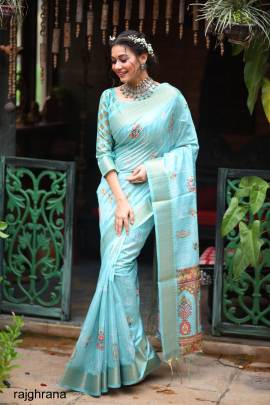sky Color Tussar Silk Saree With Uunique Slub Weaving Pattern Catalog