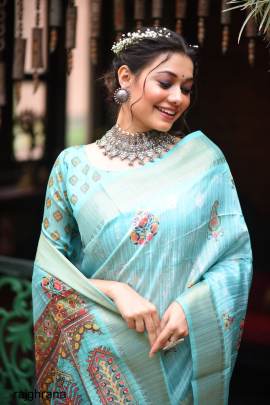 sky Color Tussar Silk Saree With Uunique Slub Weaving Pattern Catalog