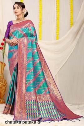 Sky colour Shade Soft Silk Based In Gold Jari Work Chataka Pataka