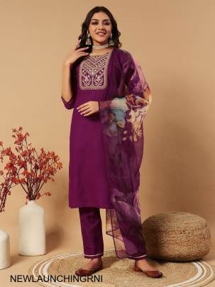 Slub Cotton New Designers Kurti Pent Dupatta Set in Rani
