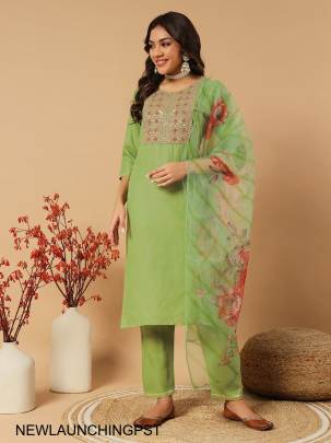 Slub Cotton New Designers Kurti Pent Dupatta Set in Pista