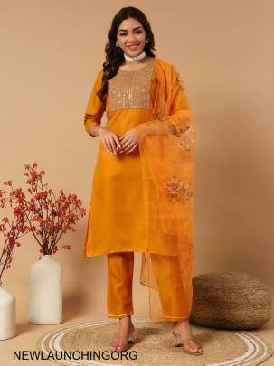 Slub Cotton New Designers Kurti Pent Dupatta Set in Orange