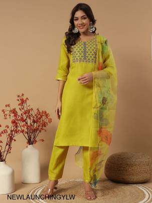 Slub Cotton New Designers Kurti Pent Dupatta Set in Yellow