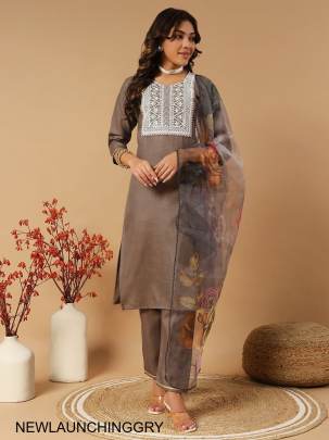 Slub Cotton New Designers Kurti Pent Dupatta Set in Grey