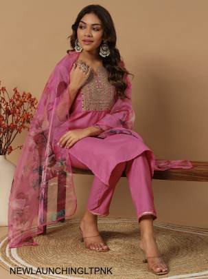 Slub Cotton New Designers Kurti Pent Dupatta Set in Light Pink